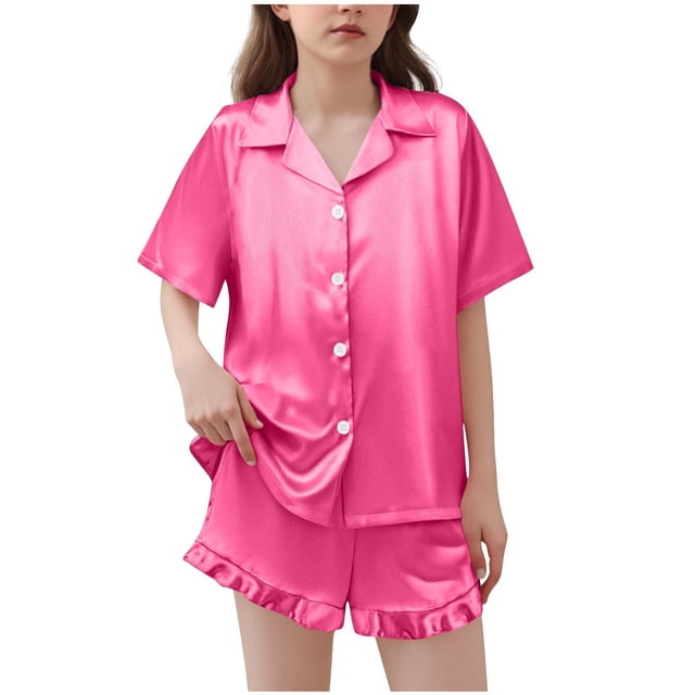 BLVB Girls Pajamas Satin Pajama Set Silk Pjs Short Sleeve Button down Shirts Summer Ruffle Sleepwear for Big Kids 5-15Y