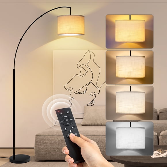OUTON 81" Arc Floor Lamp with Remote Clearance, 4 Color Temperatures LED Dimmable Modern Standing Lamps, Adjustable Linen Shade Tall Lamp for Living Room, Bedroom (Black+White shade)