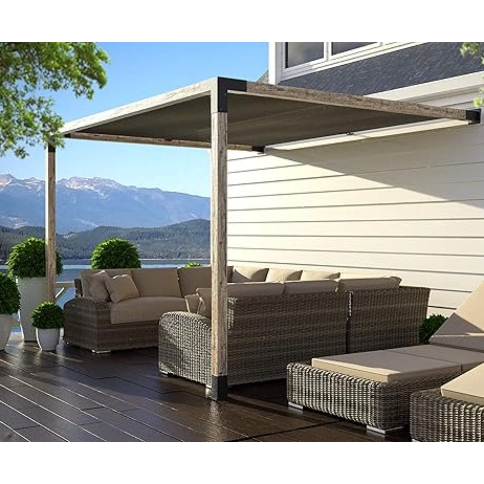Kit de pergola murale Toja 8'x8' avec voile d’ombre en graphite pour poteaux en bois 4x4