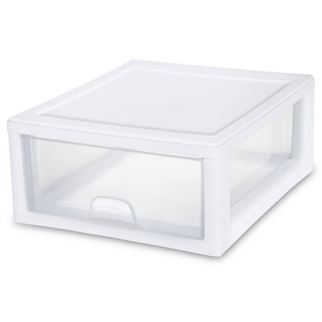 Sterilite Tiroir de Rangement Empilable en Plastique Transparent de 16 Pintes, Présenté comme une Unité Simple avec un Cadre Blanc et un Tiroir Transparent. Conçu pour l'Empilage Modulaire afin de Créer des solutions de Rangement Personnalisées. Doté d'Une Poignée Confortable et d'Un Arrêt du Tiroir pour Éviter les Surtensions. Fabriqué en Plastique Polypropylène durable, Convient pour Organiser les Garde-Robes, les Bureaux Ou les Salles d'Artisanat. Idéal pour Ranger des Articles comme du Linge, des Chandails Ou des Fournitures d'Artisanat. Dimensions Sont 17 x 14,4 x 6,9 Pouces