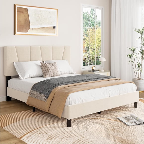 Full Size Bed Frame with Headboard Adjustable, Linen Upholstered Full Platform Bed with Headboard, Mattress Foundation with Wooden Slats, No Box Spring Needed, Easy Assembly, Beige/Cream