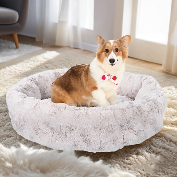 23.6" Fluffy Round Donut Pet Bed,Anti Anxiety Dog Bed Washable with Non-Slip Bottom for Puppy and Kitties