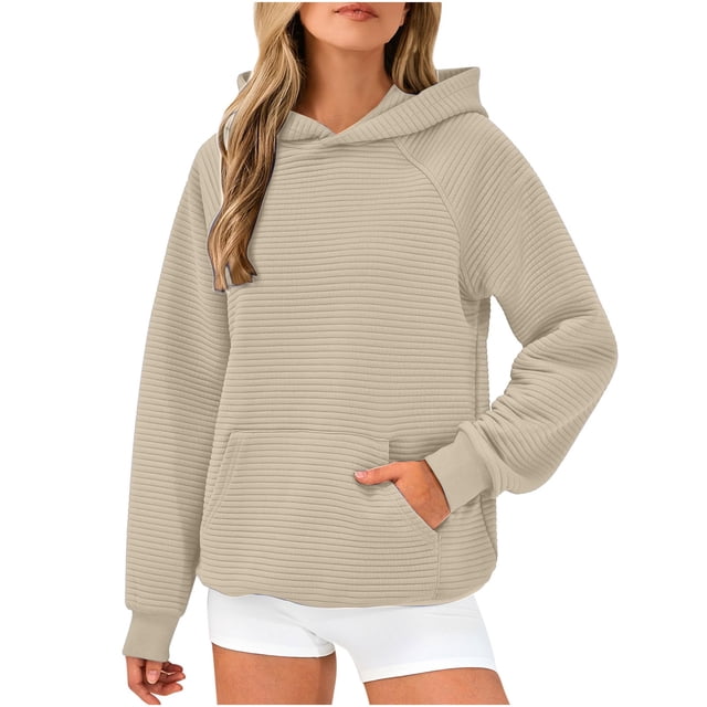 Penkiiy Chandail à Capuchon Surdimensionné pour Femmes 2024 Automne Manches Longues Col Rond Chandails Texturés Chandail à Enfiler Hauts avec Poche m Kaki