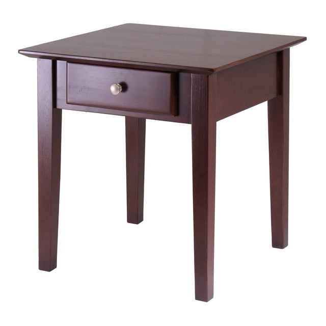 Table d'Appoint Rochester en Fini Noyer, Table Carrée en Bois de 20 Pouces avec un Tiroir et un Bouton Rond en Métal, Pieds Droits et Dégagement au Sol de 15,66 Pouces, Convient comme Table d'Appoint de Salon Ou Table de Chevet.