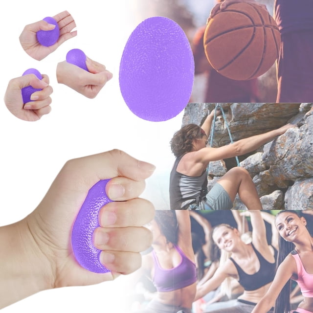 Jubipavy Grip Training Finger Strength Exerciser Silicone High Elastic Egg in purple, designed for hand strength training and stress relief. Made of TPR thermoplastic rubber, it features a textured surface for a secure grip. Compact and portable, it measures 5.5x4.5x4.5cm (2.2x1.8x1.8in). The image includes lifestyle scenes such as rock climbing and fitness activities, emphasizing its suitability for adults and children.