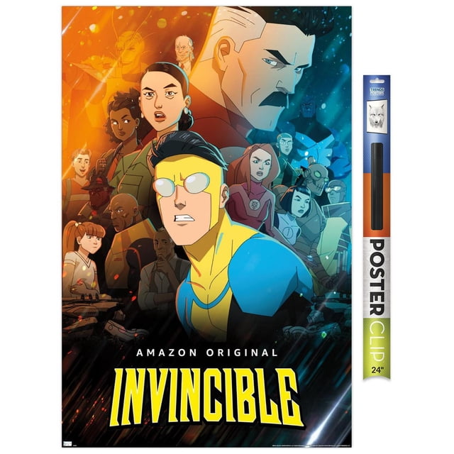 Invincible - Affiche Murale de Groupe un, 22,375 Pouces x 34 Pouces Présentant une illustration de Style Bande Dessinée à Haute Résolution d'Un Superhéros central en Costume Bleu et Jaune Entouré d'Un Groupe Divers de Personnages avec des Arrière-Plans Contrastants orange et Bleu. l'Affiche Comprend un Texte « Amazon Original Invincible » et Est Fournie avec un clip d'Affiche de 24 Pouces pour une Suspension Facile, Convient pour Décorer des Chambres, des Bureaux Ou des Résidences Étudiantes