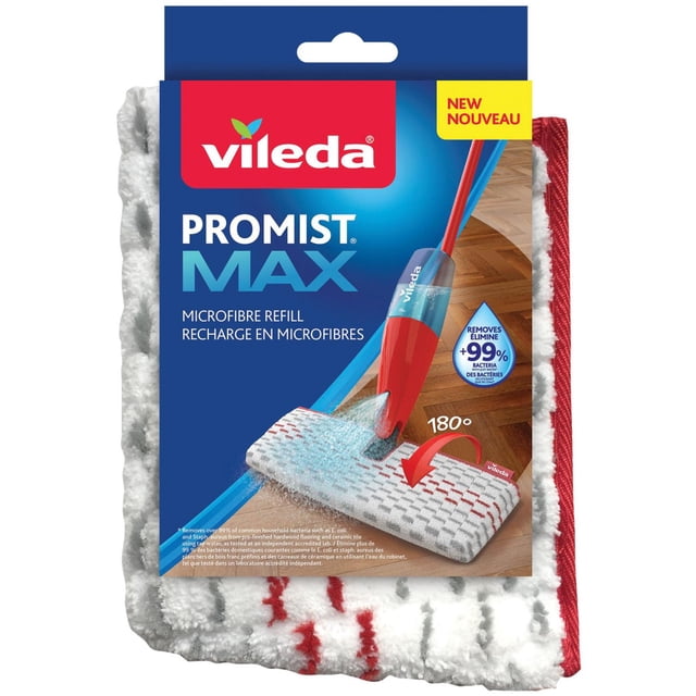 ProMist MAX Mop Head Remplacement avec un Tampon de Recharge pour Vadrouille en microfibre Pliable, Lavable des Deux Côtés, avec zones de Récurage Rouges et Grises, Emballé avec une Étiquette Vileda Bleue Indiquant Qu'il Élimine Plus de 99 % des Bactéries avec de l'Eau, Convient pour Passer la Vadrouille et Épousseter Toutes les surfaces de Plancher Dures.