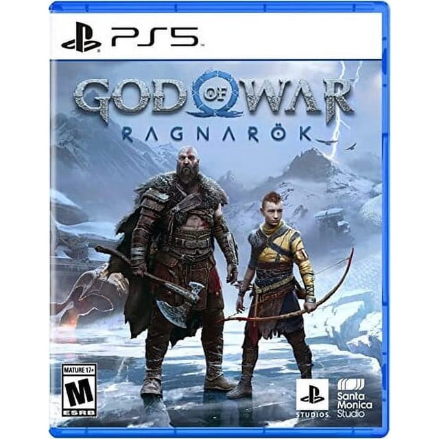 God of War Ragnarok - PlayStation 5 game cover featuring Kratos and Atreus standing in a snowy Norse landscape. The PlayStation Studios and Santa Monica Studio logos are displayed at the bottom right. The game is rated M for Mature 17+. Experience immersive combat and explore all Nine Realms in this epic adventure.