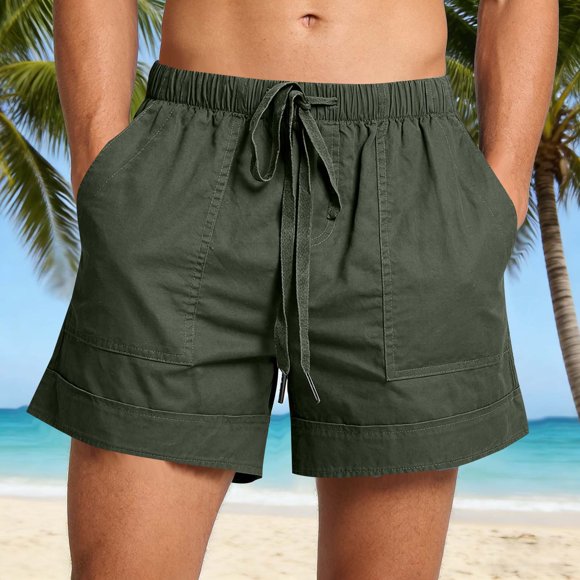 Aobny Mens Shorts Cotton Linen Plain Board Clothes Big & Tall Casual Mid Rise Baggy Beach Shorts,Green,M