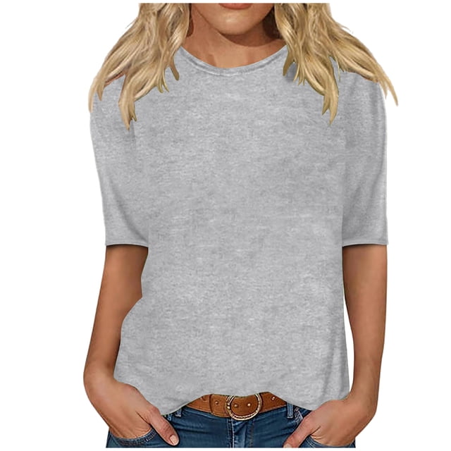 Erwazi T-Shirts à Manches Mi-Longues pour Femmes, Décontractés, Coupe Ample, Col Ras du Cou, Mignons, Unis, Tuniques Basiques