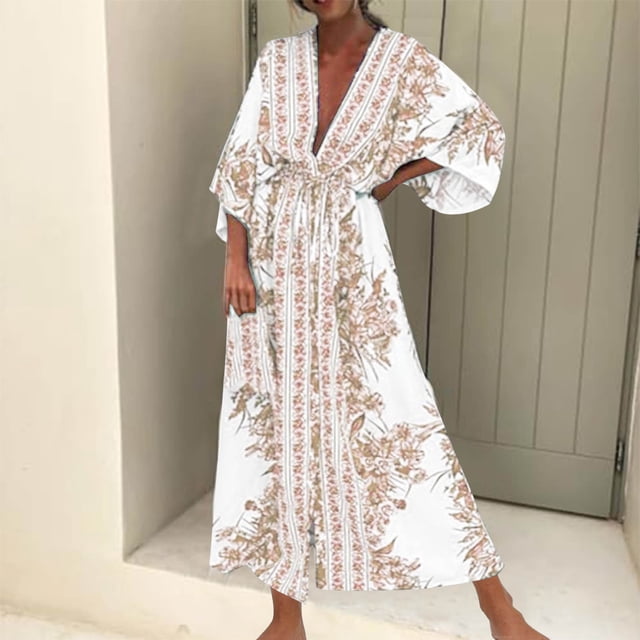 Soldes! Cameland Robe Cheville à Manches Longues Imprimée à Col en V pour Femmes