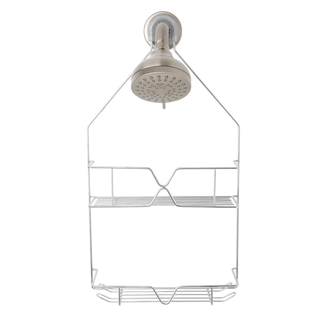 Era Marquez 2 Tier Shower Caddy in polished chrome finish, measuring 10 by 17.9 inches, designed to hang securely over a shower head with two wire shelves and a razor holder for organizing bathroom essentials.