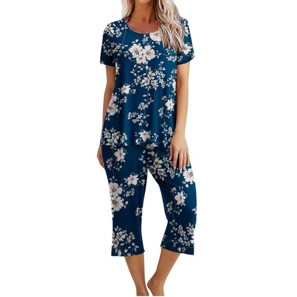 Womens Pajamas Set Shorts Womens Printing Round Neck Short Sleeve Sleepshirt and Pants Sets Loungewear Pajamas with Pockets Womens Short Sleeve Tops Womens Pajamas Set Summer