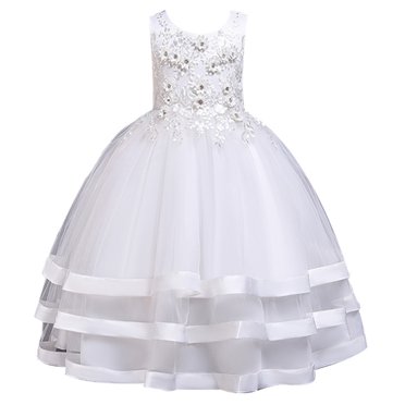 Robe de Demoiselle d'Honneur en Dentelle pour Filles Robe Longue de Mariage en Tulle pour Fête Âge 3-13 Ans