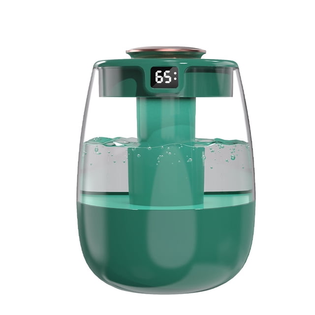 Dvkptbk Humidifiers for Bedroom USB Double Spray Heavy Fogss Silent Digital Humidifier featuring a compact, modern design in green with a transparent water tank. The humidifier includes a digital display showing humidity levels, a night light function, and three-speed spray modes. Ideal for desktop, office, or home use, it operates quietly and efficiently to increase air moisture and prevent dryness. Made from ABS and PC materials, it measures 17.2 x 13 x 13 cm and comes with a USB charging cable and manual.