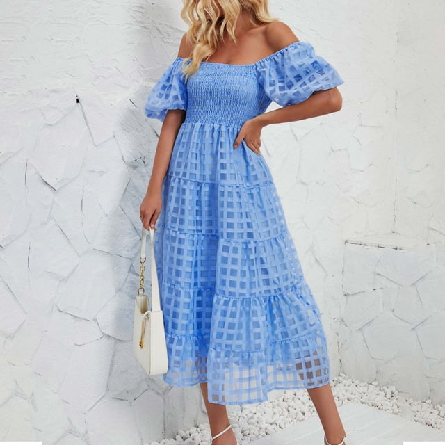 Gspmoly Robes pour Femmes Grande Taille, Robe à Épaules Dénudées à Manches Courtes Plissée à Taille Haute pour Femmes, Robes de Soirée pour Femmes Offres