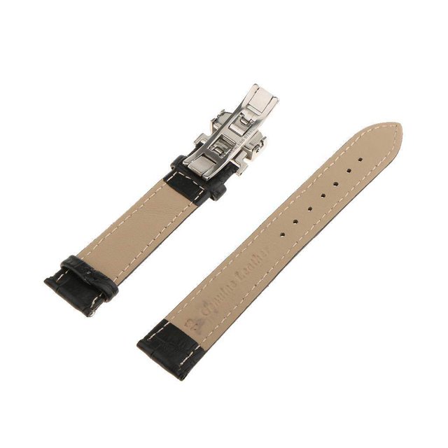 thinsony Leather Watch Band Butterfly Deployment Clasp Buckle Black-18mm-White thread