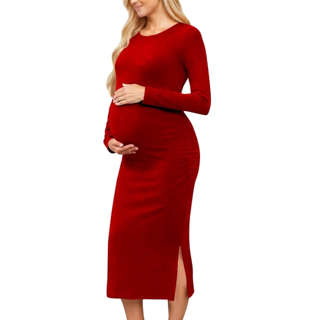 Robe de Maternité pour Femmes, Robe Midi à Manches Longues et Col Rond avec Fentes Latérales, Robe de Grossesse Douce et Extensible pour Baby Shower et Usage Quotidien