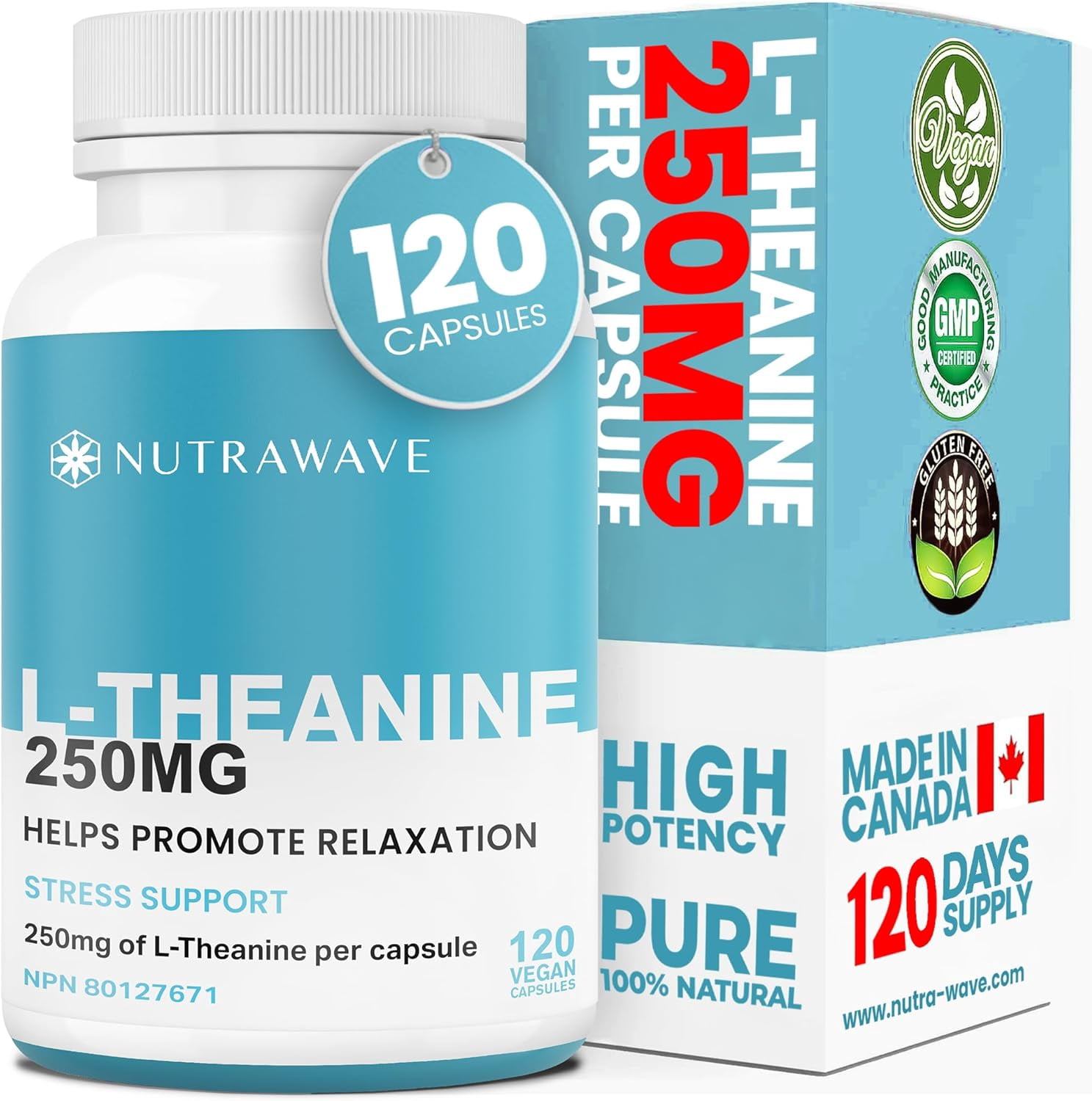 Nutrawave L-Theanine 250 mg – Relaxation & Focus Support, Amino Acid Supplement, 120 Vegan Capsules, Non-GMO, Gluten-Free, Made in Canada