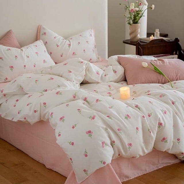 Ensemble de Housse de Couette Format Simple Rose Fleurs Literie Housse de Couette avec Fermeture Éclair Housse de Couette en Microfibre Douce et Taie d'Oreiller