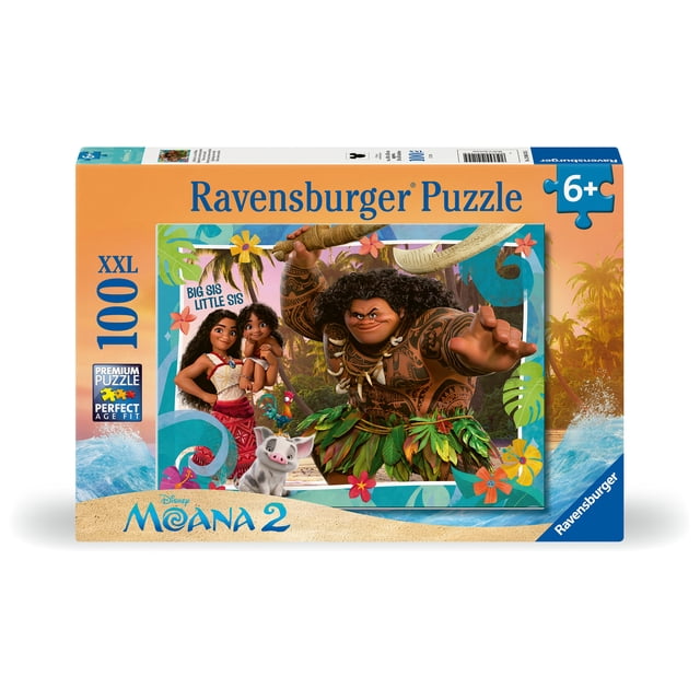 Ravensburger Moana 2, 100pc XXL jigsaw puzzle featuring characters from the Disney movie Moana 2 including a tattooed warrior wearing a leaf skirt, a woman in a red skirt holding a child, a colorful rooster, and a pig, set against a tropical beach with palm trees and ocean waves, ideal for children aged 6 and up and supporting skill development.