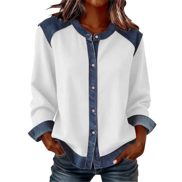 RXMEKW Denim Patchwork Cardigan For Women Long Sleeve Button Up Casual Jacket Solid Color