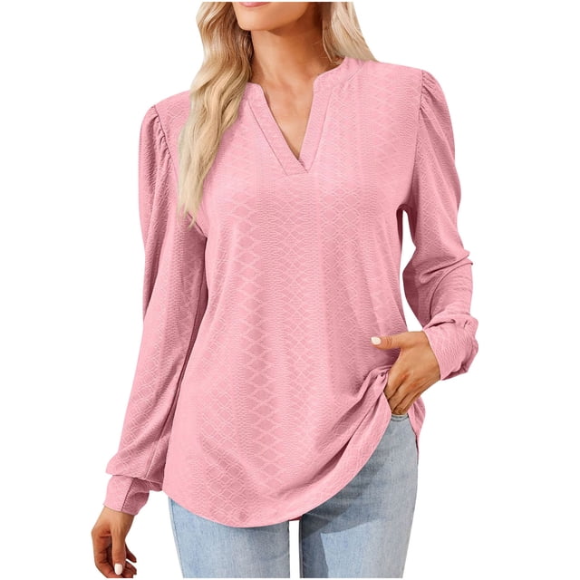 KIHOUT Spring Winter Womens Tops Fashion Solid Color V-Neck Long Sleeve Loose T-shirt Top Blouse