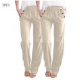 thumbnail image 1 of AherBiu 2PCS Womens Linen Pants Drawstring Elastic Waisted Straight Leg Casual Trousers with Pockets, 1 of 6
