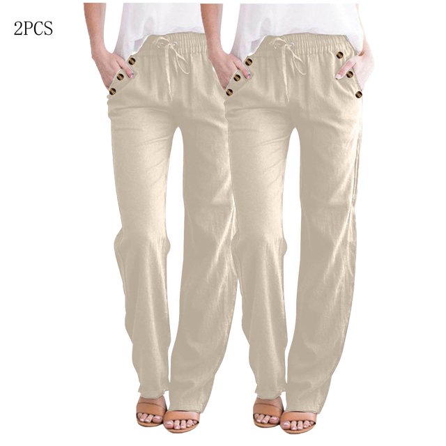 AherBiu 2PCS Womens Linen Pants Drawstring Elastic Waisted Straight Leg Casual Trousers with Pockets