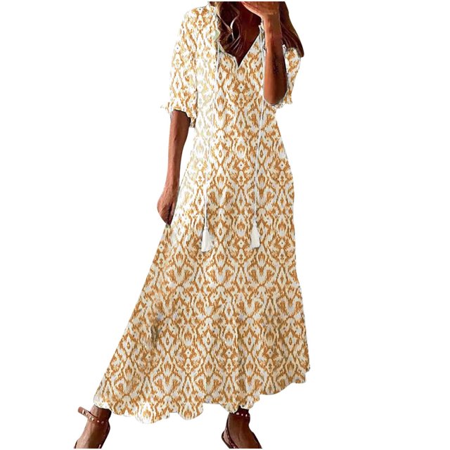 Penkiiy Robe d'Été Boho pour Femmes 2024 à Manches Courtes à Volants avec Franges, Col en V, Volantée, Ligne A, Maxi, m Jaune
