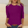 thumbnail image 2 of Pompotops T-shirt Uni pour Femme, Blouse Mi-Longue à Manches 3/4, Col Rond, Hauts Décontractés, Liquidation, 2 of 5