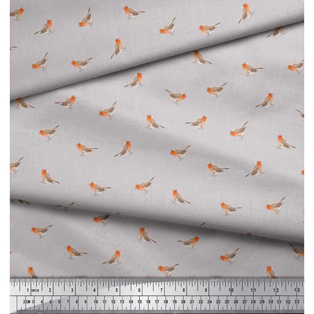 Soimoi Gray Modal Satin Fabric American Robin Bird Fabric Prints by Yard 42 Inch Wide