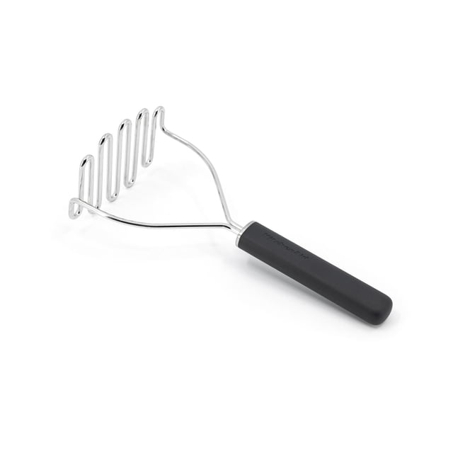 KitchenAid Stainless Steel Wire Masher with Silicone Handle featuring a rust-resistant stainless steel wire head in a zigzag pattern and an ergonomic black silicone handle for comfortable grip, suitable for mashing potatoes, root vegetables, and avocados, dishwasher safe for easy cleanup.
