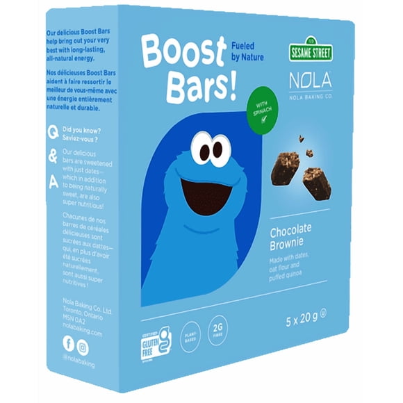 Barres Collation pour Enfants 20 g, Lot de 5 - Sans Gluten, Entièrement Naturelles, Véganes - Brownie au Chocolat, Nola Sesame Street Boost Bars