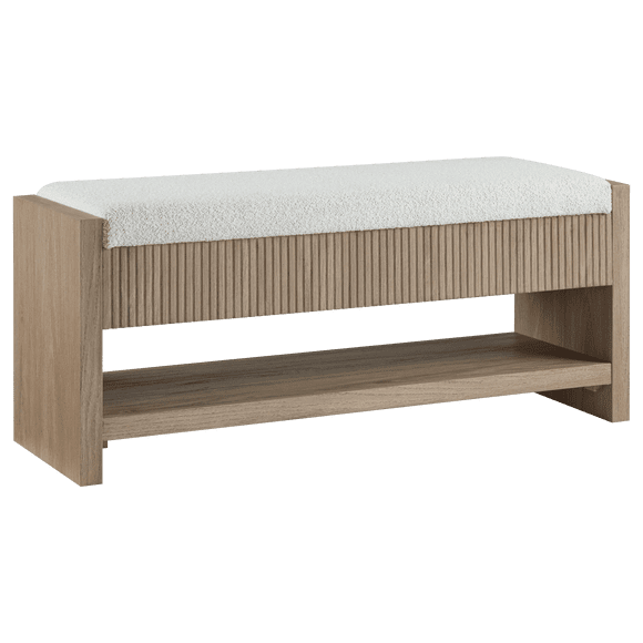Bouclair Fluted Oak Wood and Bouclé Upholstered Storage Bench with Shelf