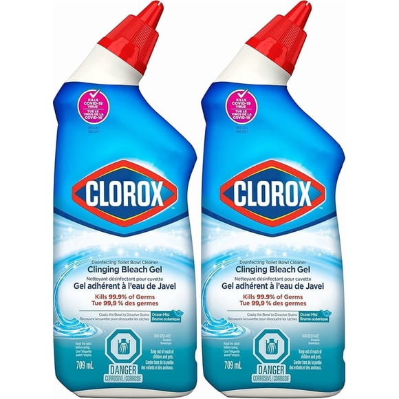 Clorox Toilet Bowl Cleaner, Clinging Gel with Bleach, Ocean Mist Scent, 709 mL (Pack of 2)
