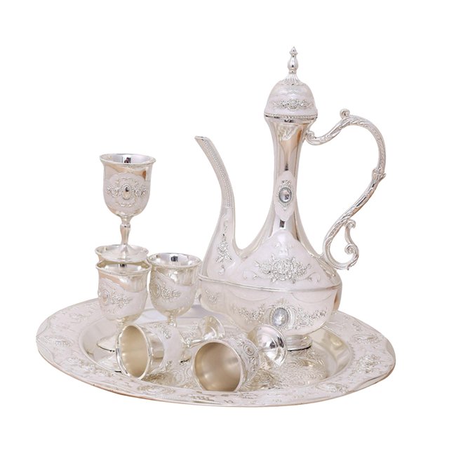 jifeng Turkish Teapot Set Art Crafts 6 Metal Cups and Tray for Tea Table Home Bar Decor
