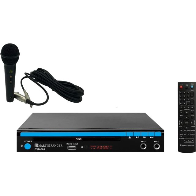 Martin Ranger 1080p HDMI Multi Region Code Free DVD Player with USB Playback and Karaoke Functions, shown with a slim black design. Includes a front panel with two microphone inputs, USB port, and disc slot. Comes with a wired microphone, remote control, and cables for connectivity. Compatible with DVD, CD, CDG, and various digital formats, offering high-definition HDMI output and karaoke capabilities.