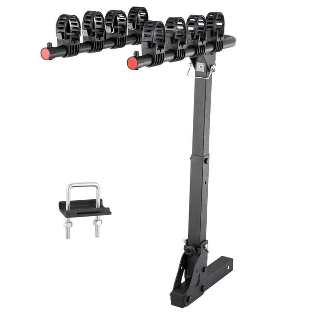 VEVOR Hitch Mount Bike Rack designed for carrying up to 4 bikes with a 150 lbs capacity. The black steel rack features adjustable straps, a no-wobble U-bolt, and a tilting and folding design for easy trunk access and storage. Compatible with 2-inch hitch receivers on cars, SUVs, trucks, and RVs. Includes reflective indicators for safety and an anti-rust coating for durability.