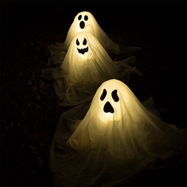 Joyfy 3 Paquets Décorations d'Halloween Ghost Blanches, Piquets de Jardin Ghost Volants Lumineux Décorations d'Halloween Extérieures, Lumières de Sentier Décorations Extérieures de Cour d'Halloween Décorations de Maison Hantée