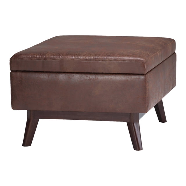 SIMPLIHOME Owen 34 inch Wide Rectangle Coffee Table Lift Top Storage Ottoman, Cocktail Footrest Stool in Upholstered Distressed Saddle Brown Faux Leather, Mid Century Modern, Living Room