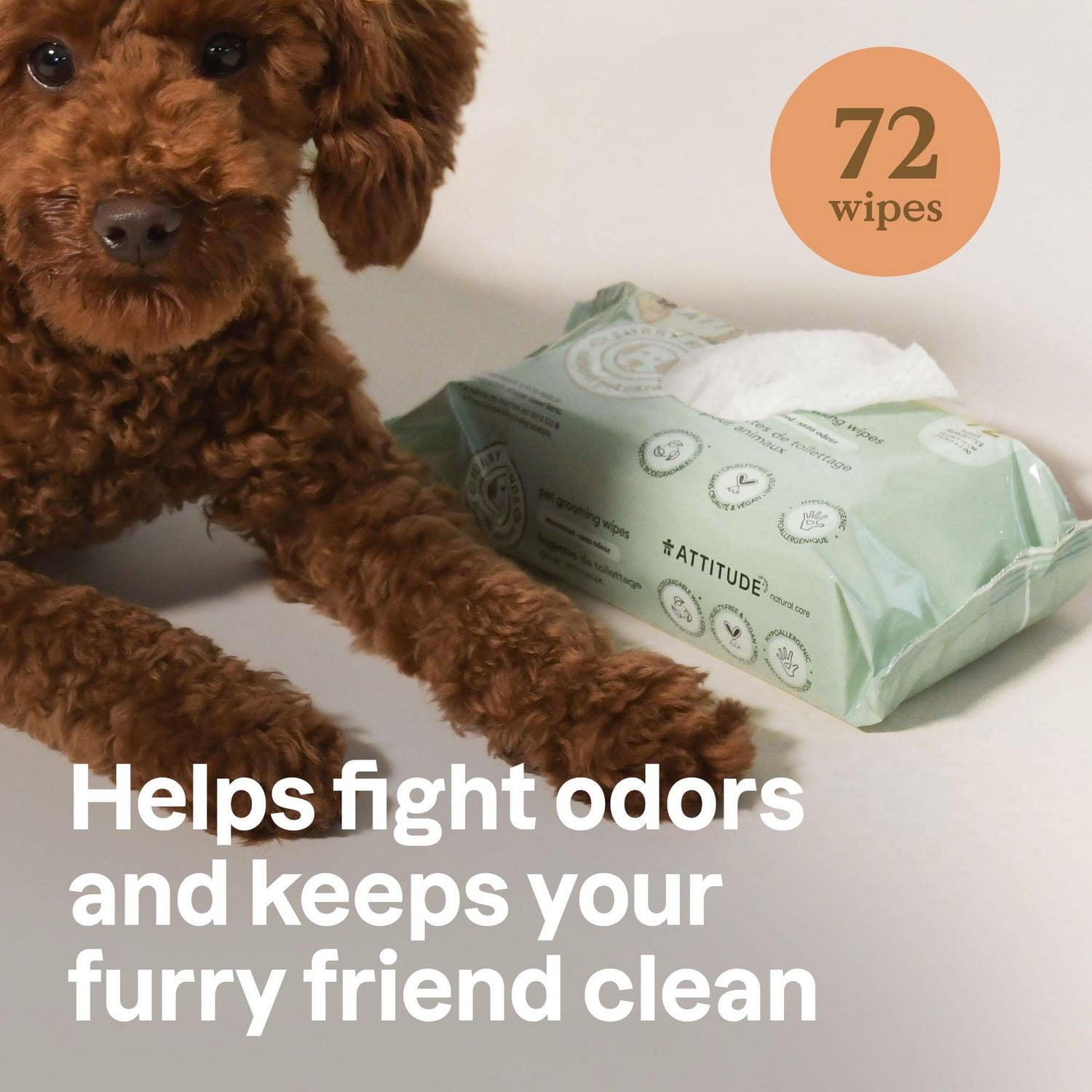 ATTITUDE Furry Friends Lingettes de Bain Sans Odeur pour Chiens & Chats, Soins Désodorisants pour Animaux, 72 Lingettes