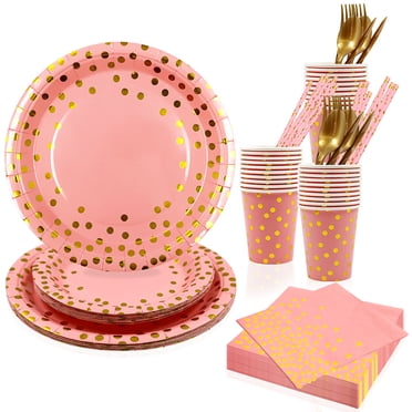 Zhuge 270PCS Pink and Gold Party Supplies, Severs 20 Disposable Party Dinnerware, Gold Plastic Forks Knives Spoons and Golden Dot Paper Plates, Napkins Cups for Graduation, Birthday, Wedding