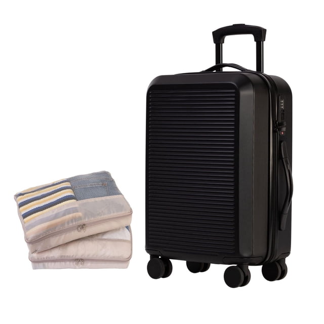 3-Piece Hardside Luggage Set with a black 20-inch carry-on suitcase made of durable ABS/PC material, featuring a ribbed textured surface, built-in TSA 3-digit combination lock, telescopic handle, side grip, and smooth 360° spinner wheels, paired with two beige packing cubes with mesh panels and zippers for organized travel and storage.
