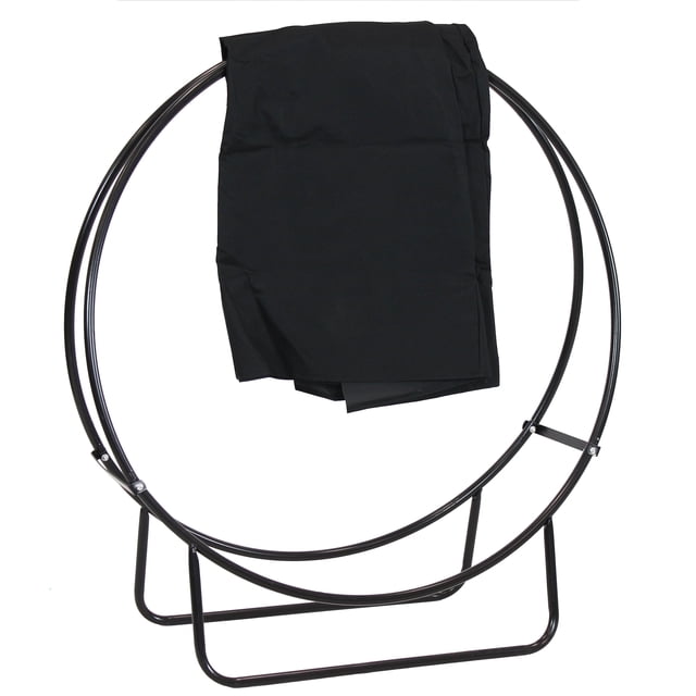 Sunnydaze Outdoor Heavy-Duty Steel Firewood Log Hoop Storage Rack with Weather-Resistant PVC Log Hoop Cover - 40" - Black. This circular firewood rack, made of durable tubular steel with a black powder-coated finish, features a 40-inch diameter and a 500-lb weight capacity. It includes a weather-resistant PVC cover for added protection. The open design promotes airflow to keep firewood dry, making it suitable for indoor or outdoor use by fire pits, fireplaces, or wood stoves. Easy to assemble with included hardware.