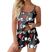 GDREDA Breathable Summer Pajamas Women Sexy Printed Camisole And Shorts Home Sleeveless Top Pajamas Casual Sleepwear Women Pajama Sets pyjamas Grey,XL