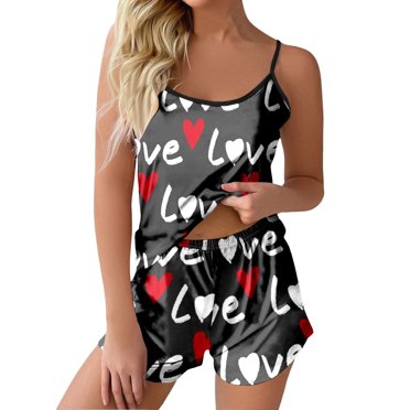 GDREDA Breathable Summer Pajamas Women Sexy Printed Camisole And Shorts Home Sleeveless Top Pajamas Casual Sleepwear Women Pajama Sets pyjamas Grey,M