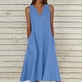 thumbnail image 3 of Ohufall Robe Femme en Coton et Lin à Col en V Sans Manches Décontractée Robe Débardeur Unie Confortable avec Poches Robe Midi d'Été Chic, 3 of 5