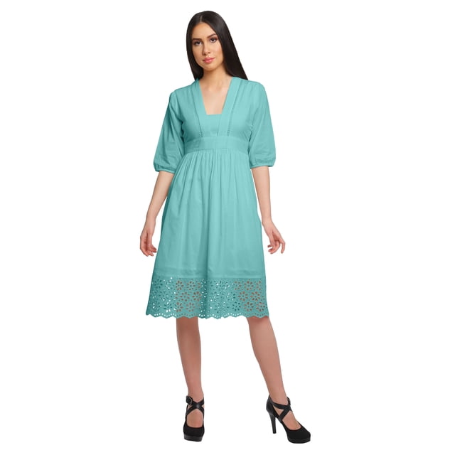 Moomaya Robe Midi Unie pour Femmes, Kurta de Soirée Décontractée avec Dentelle, Tenue d'Été