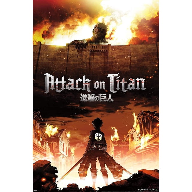 Attack on Titan Fire Wall Poster 22.375" x 34", unframed version showcasing high-resolution anime artwork of a fiery scene with a colossal titan looming over a wall and a character standing amidst burning ruins. Printed on FSC-certified gloss poster paper, multicolour design, officially licensed by hesignd, ideal for anime enthusiasts and wall art collectors.